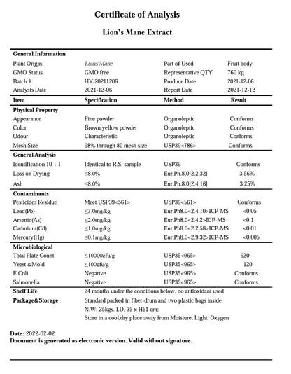 Lion's Mane Extract Lab Report Rotherham UK